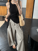 Ensemble de tenue de style coréen : Haut camisole noir haut de gamme pour femme, pantalon ample vintage rayé taille haute à jambes larges pour l'été