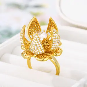 European and American style hollow opening closing brass flower zircon rotating ring women's floral rings jewelry Wholesale