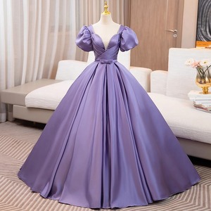 Purple Long Skirt Performance Dress Deep V Neck Puffy Sleeve Women Stage Wear - Product Image 1
