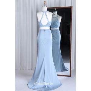 दो टुकड़े ब्राइड्समेड ड्रेस ब्लू हैल्टर साइड स्प्लिट मर्मेड शाम सटन महिलाओं के लिए कपड़े पहने - Product Image 3