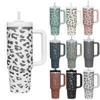 Gobelets isothermes en acier inoxydable à double paroi gravés au laser avec motif léopard personnalisé, 40 oz, avec poignée, couvercle et paille