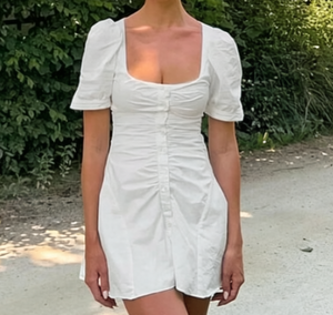 Nuevo Diseño <span class=keywords><strong>Vestido</strong></span> Mini Vintage Blanco con Cuello <span class=keywords><strong>Cuadrado</strong></span> para Mujer, <span class=keywords><strong>Manga</strong></span> <span class=keywords><strong>Abullonada</strong></span>, Fruncido y Botones al Frente, Estilo Casual - Product Image 3