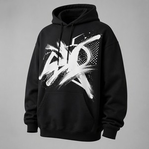 Sweat-shirt à capuche noir pour homme avec imprimé graphique blanc, poche avant, coupe classique, en molleton de coton, style streetwear décontracté pour l'automne - Product Image 1