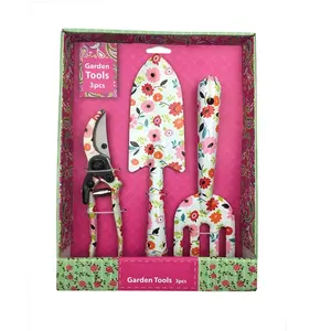 New Pattern Lady Metal Floral Printed Gardening Tool Sets including Trowel Fork and Shears Patterned 3 pieces Gardening Tools