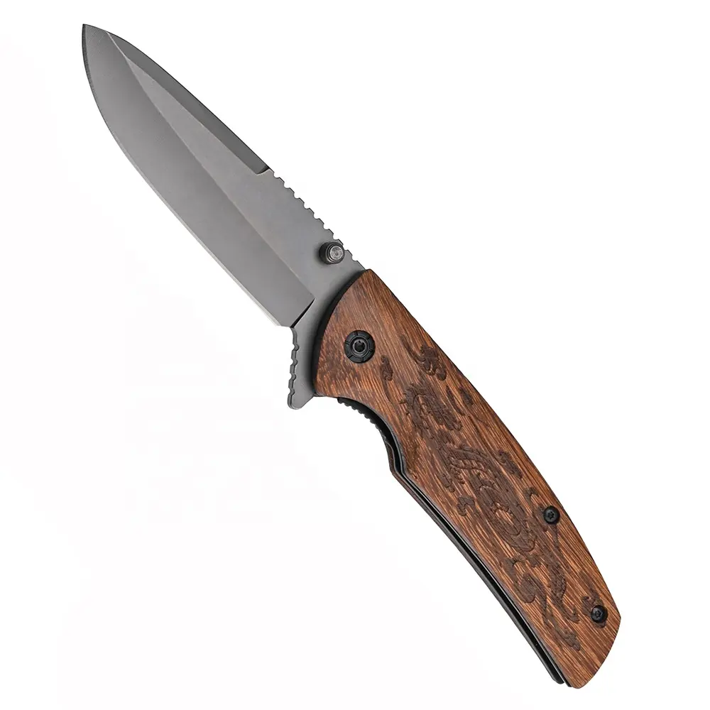 Coltello da tasca pieghevole da campeggio con lama in acciaio placcato in titanio grigio personalizzato con manico Wenge