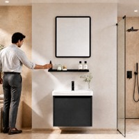 Kabinet Kamar Mandi Dinding Berbahan Aluminium Sarang Lebah Abu-Abu Tua Kompak dengan Wastafel Keramik dan Rak Dinding Panel Datar