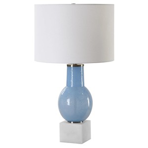 Vase en céramique vert moucheté, lampe de table moderne avec base en laiton |   Éclairage contemporain artisanal pour chambre d'hôtel et bureau - Product Image 4
