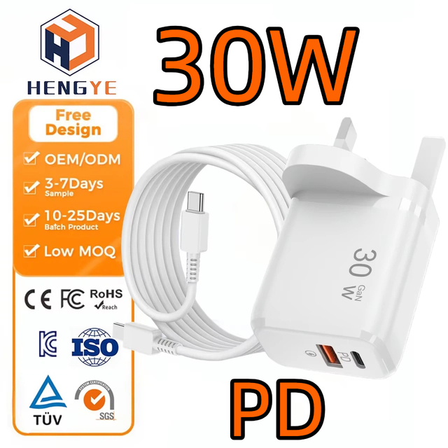 30 Watt QC PD 3.0 PPS Travel Chargers CE Rosh UKCA Verified Super Fast Charge 30w Usbc Slim Gan Charger Adapter Us Uk and Europe