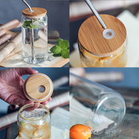 Gelas Minum Bentuk Kaleng Bir 12oz 16oz Grosir, Gelas Tumbler Kaca Bening dengan Tutup Bambu dan Sedotan Kaca
