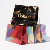 Sac Cadeau Holographique de Luxe en Papier avec Poignée en Tissu Noir, Sac Fourre-tout Personnalisé avec Logo Doré pour Cadeaux Haut de Gamme