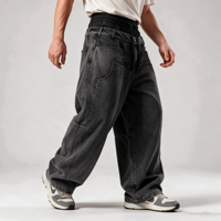 Jean noir délavé coupe baggy à jambe large pour homme, avec double passants de ceinture, fermeture boutonnée, cordon élastique, poche plaquée incurvée et couture au genou