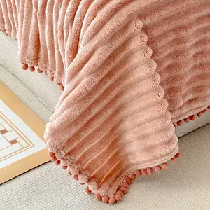 2023 Hot Sale Warm Plush Custom Print Logo Designer Fluffy Strip Plush Coral Flannel Fleece Throw Blankets With Tassel