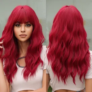 HAOLING Wine Red Wavy Synthetic Wigs with Bangs Medium length Cosplay Curly Wig Natural Heat Resistant Hair for Women