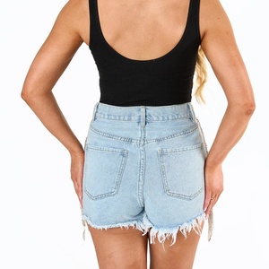 Shorts de Mezclilla Rasgados de Cintura Alta para Mujer, Verano 2025, con Borlas de Diamantes de Imitación Azules - Product Image 5