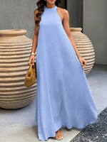 Robe longue évasée texturée bleu marine sans manches à col halter, style décontracté pour les vacances, robe de plage ample grande taille pour femme, personnalisation acceptée