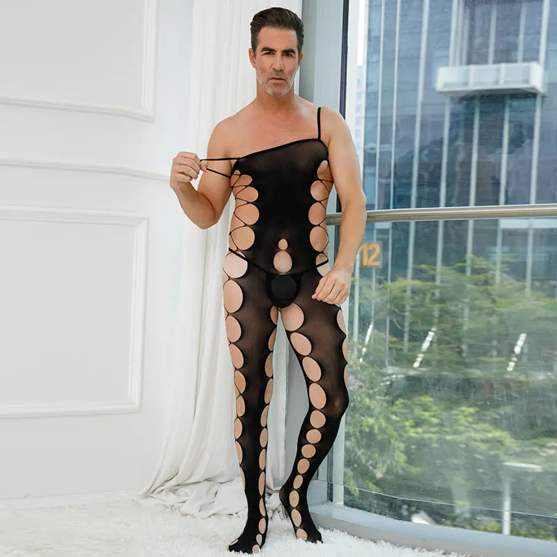 Dentelle Chic Sexy Men's Sling Mesh Hollow Out Erotic Lingerie Off Shoulder Sleeveless Jumpsuit Bodystocking