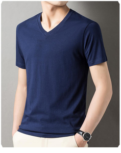 T-shirt décontracté pour homme, col en V, manches courtes, 100 % coton, sans étiquette, 180 g, personnalisable avec logo, vente en gros - Product Image 3