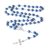 Chapelet Miraculeux Catholique avec Perles Bleues de 8 mm, Croix et Cinq Dizaines, Crucifix Unique, en Plastique