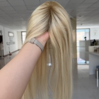 Topper de cheveux humains Shadow Root Honey Ash Blonde, lisse/ondulé, avec mèches blondes multi-tonales, à clips, mono, 5x6.5 pouces