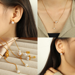 Ensemble collier et boucles d'oreilles en perles d'eau douce dorées, acier titane, bijoux pour femme, usage quotidien - Product Image 4