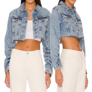 Chaqueta Vaquera Personalizada para Mujer con Bordes Deshilachados, Mangas Largas Fruncidas, Chaqueta Corta de Mezclilla Estilo Trucker - Product Image 5