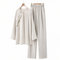 Ensemble pyjama 2 pièces pour femmes HDS404 en coton et lin, peint à la main, style chinois, manches longues, pantalon long, vêtements de détente