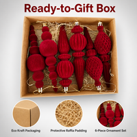 Ensemble de décorations de Noël suspendues multicouches en velours bordeaux floqué, décorations givrées de luxe, coffret cadeau