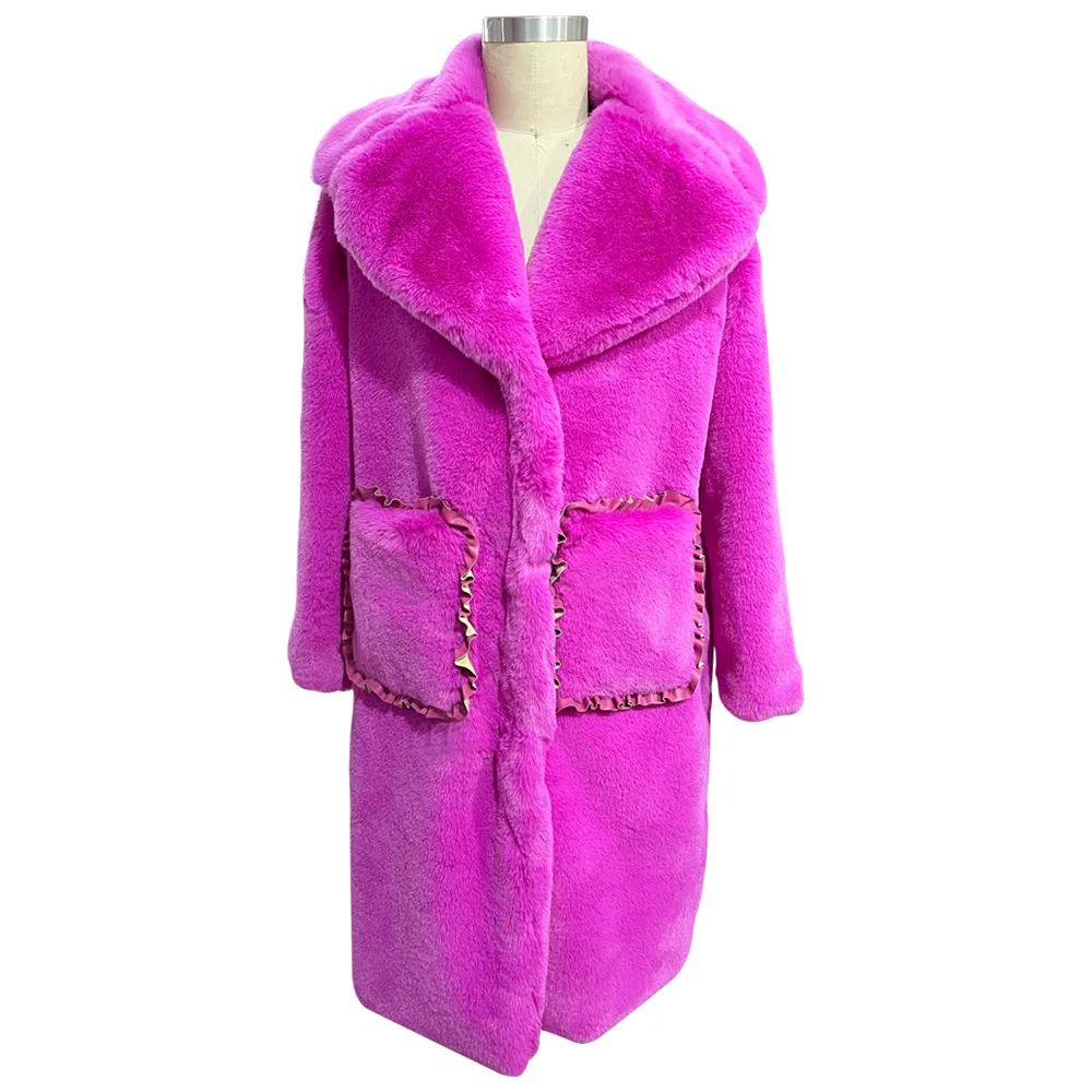 Kadınlar lüks Faux tavşan kürk ceket orta uyluk uzunluğu ceket sıcak kabarık ceket bayanlar için