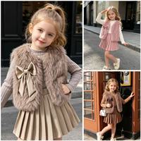 Ensemble de vêtements pour femmes et enfants automne-hiver 2026, haut côtelé à manches longues, jupe plissée en cuir PU, gilet moelleux, costume pour filles