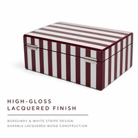 Boîte de rangement portable en MDF rayé bordeaux avec logo personnalisé, double charnière argentée pour 144 tuiles de Mahjong, idéale pour cadeaux et rangement