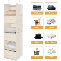 Organisateur de placard suspendu en tissu à 6 niveaux, 3 tiroirs, 2 crochets, beige, étagère pliable, rangement de vêtements peu encombrant pour chambre à coucher et armoire
