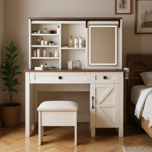 Ensemble de coiffeuse de style farmhouse avec miroir coulissant et éclairage, étagères de rangement multicouches, armoire à 2 tiroirs, meubles de chambre - Product Image 2