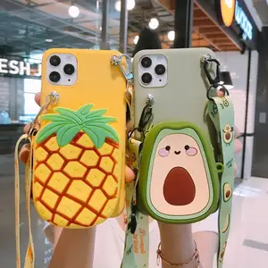 3D Cartoon Wallet Case For iPhone 11 Cute Fruit Mini Bag Design Soft Silicone Case Cover With Stand & Long Shoulder Strap
