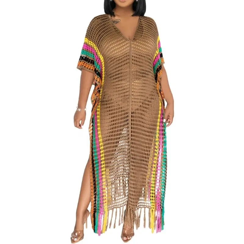 New Summer Women Knitted Fringed Long Skirt Vacation Sexy Multi Color Block Crochet Cover Ups Beach Dress