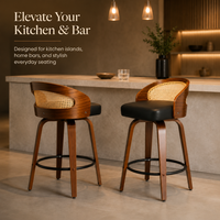 Tabouret de bar pivotant de style vintage au design moderne, avec coussin d'assise épaissi, en bois courbé et rotin, pour comptoir de cuisine