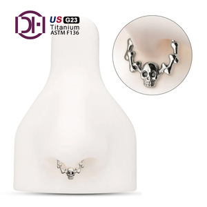 กระดูกกะโหลกศีรษะไทเทเนียม G23มีดวงตาอัญมณี CZ สีดำด้านหน้าหันหน้าไปทางบานพับส่วนคลิกที่เจาะจมูกทรงกรวยเครื่องประดับ - Product Image 6