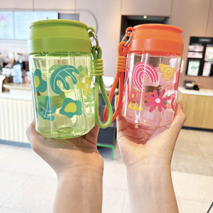 Plastic Beverage Cup 500ml With Rope Cartoon Pattern Water Cup General Use - Product Image 1