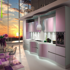 High End European Style <strong>Pink</strong> Curved Shaped Lacquer Kitchen <strong>Cabinet</strong> with Lights and Island - Product Image 1