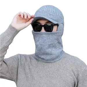 Winter Beanie wth Visor & Earflaps for Men Outdoor Fleece Hat Scarf Set