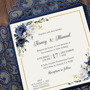 Carte d'invitation de mariage découpée au Laser en papier <span class=keywords><strong>bleu</strong></span> <span class=keywords><strong>marine</strong></span> à paillettes carrées avec décoration de mariage personnalisée, fournitures de fête - Product Image 4
