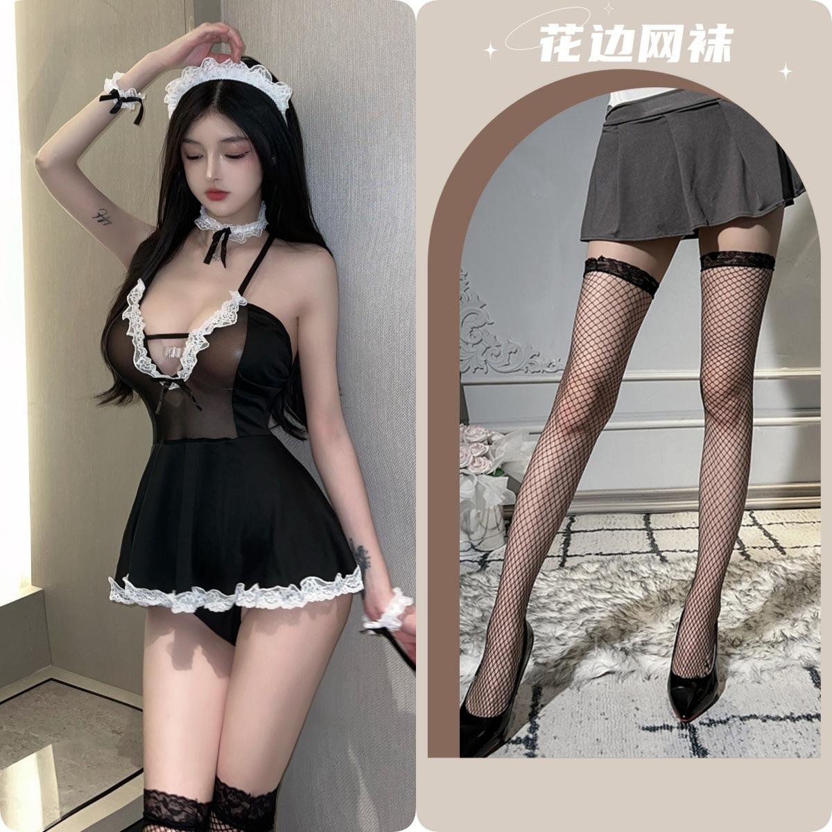 Maid outfit + black fishnet stockings