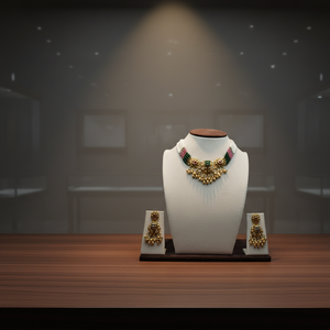 Traditional Silver Multicolor <b>Beaded</b> Choker Necklace <b>Set</b> with Green Stone Center and Hanging Drops Matching Earrings - Product Image 3