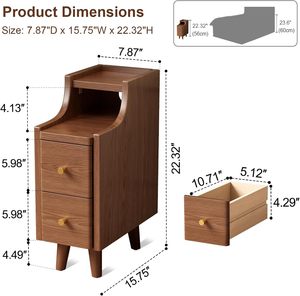 US Stock <strong>Narrow</strong> Walnut Nightstand <strong>with</strong> 2 <strong>Drawers</strong> Solid Wood Modern <strong>Bedside</strong> <strong>Table</strong> for Bedroom Furniture Study Toilet CTG041 - Product Image 2