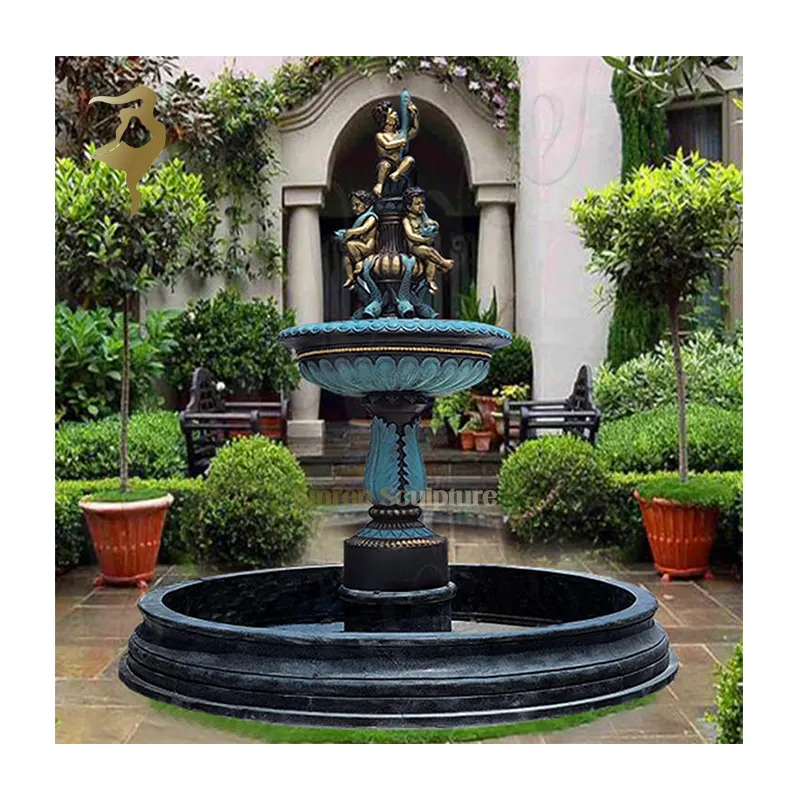 Moderno de lujo al aire libre jardín Metal latón fundido bronce niño escultura estatua Fuente Grande antiguo bronce estatua fuente de agua