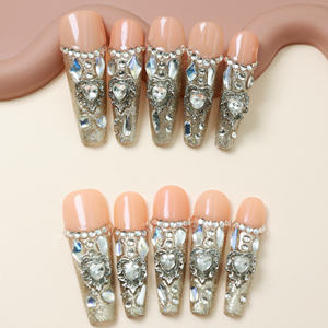 Faux ongles à presser faits main, longs, en acrylique de luxe, forme cercueil, couvrance totale, avec strass étoiles, prix usine en gros - Product Image 1