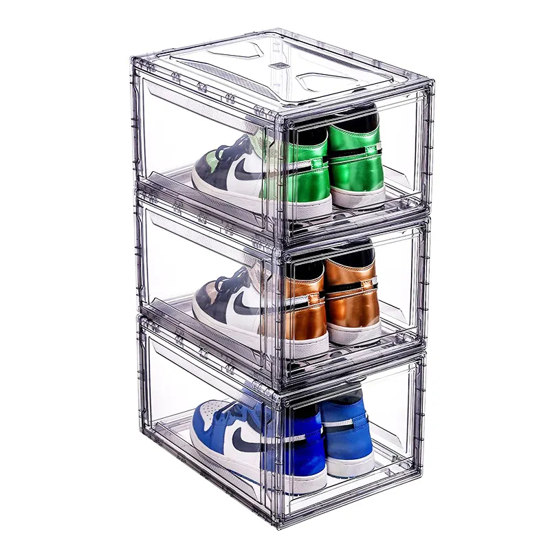 Venta al por mayor de organizadores de zapatos, caja de almacenamiento magnética frontal plegable de acrílico, caja de zapatos de plástico apilable transparente