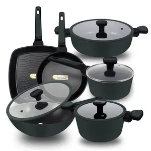 10Pcs Gegoten Aluminium Potten Set Kookgerei Sets De Legergroen Keuken Koken Pot Groothandel Met Glazen Deksel