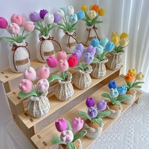 <span class=keywords><strong>Flores</strong></span> de Ganchillo de Algodón Hechas a Mano (Tulipán y Rosa), Plantas Artificiales en Maceta, Decoración Moderna para el Hogar, Duradera y Ecológica - Product Image 3