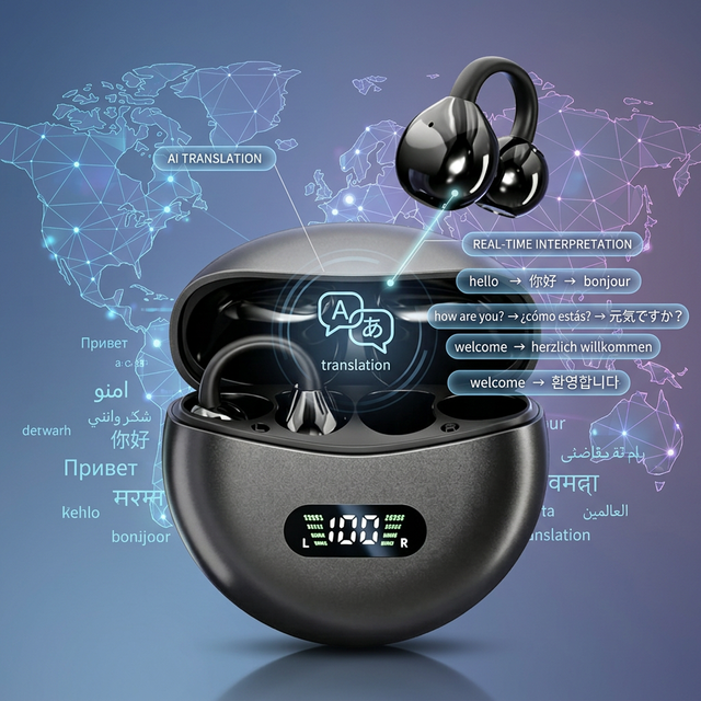 AI Translator Open Ear Clip-On Earbuds True Wireless Earphones LED Digital Display, Electroplated OWS Sports Headphones
