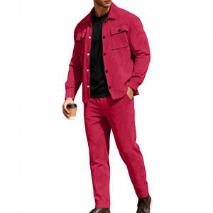 Conjunto de Camisa y Chaqueta de Terciopelo Azul Casual para Hombre, Transpirable, con Bolsillos, Cuello Clásico, Corte Regular, Cierre de un Solo Botón, para Otoño - Product Image 3